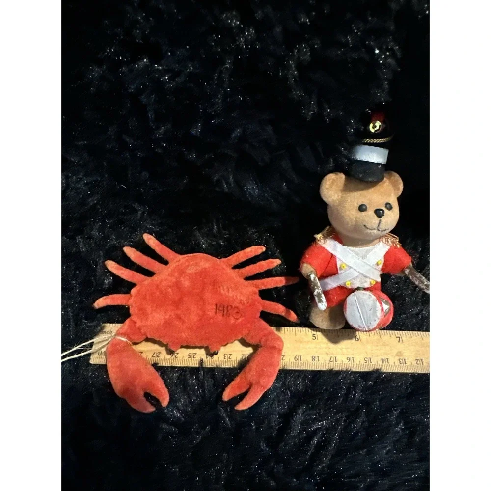 Vintage Flocked Teddy Bear Drum Major and crab Christmas Ornament